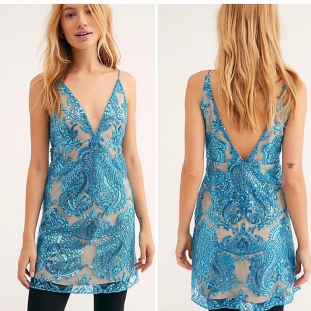 Free People Turquoise Beaded V-Neck Mini Dress
